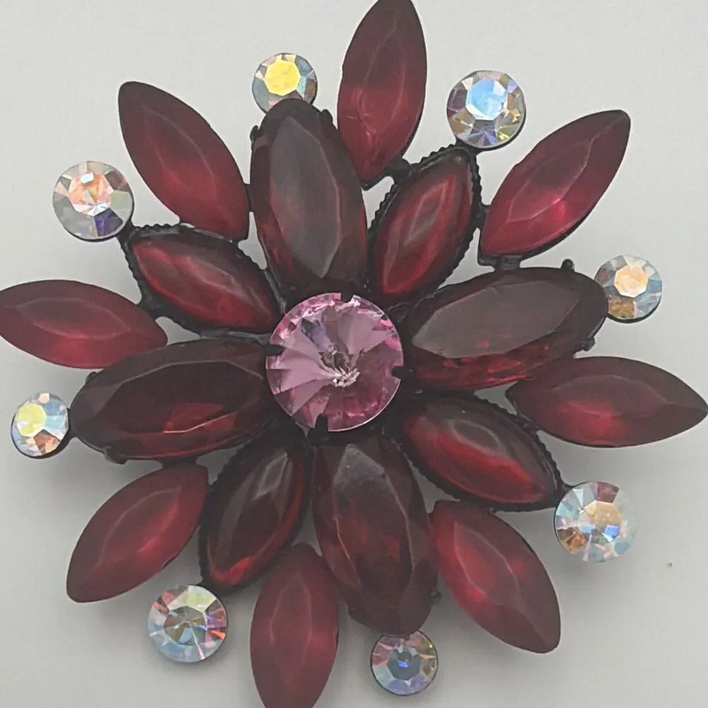 Red Rhinestone Flower Brooch Pin Pink Round Center Aurora Borealis 2.5 in